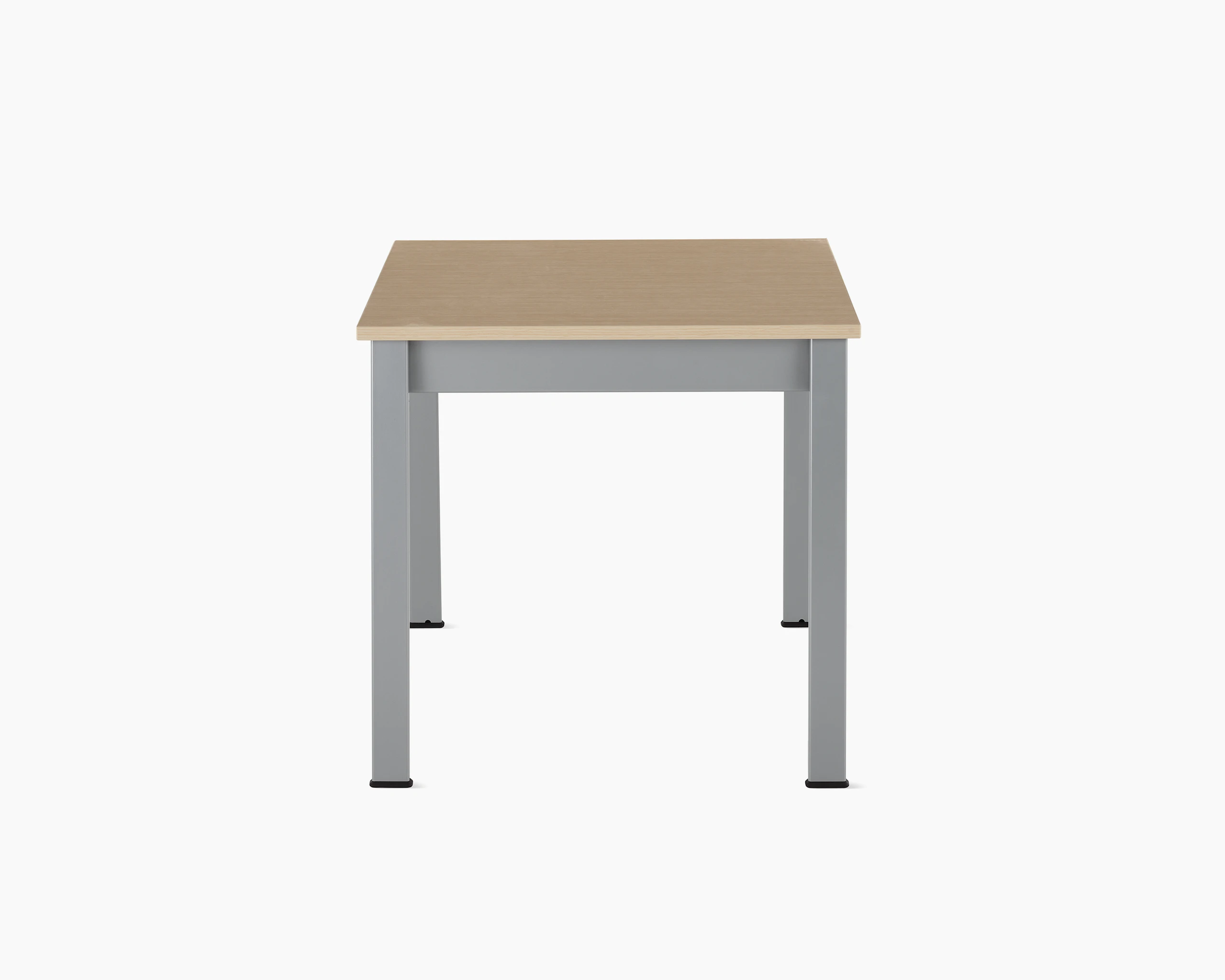 Front view of an Easton Side Table with a clear on ash laminate top and metallic silver legs.