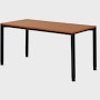 Back view of a four leg height-adjustable table with a dark woodgrain surface and black base.