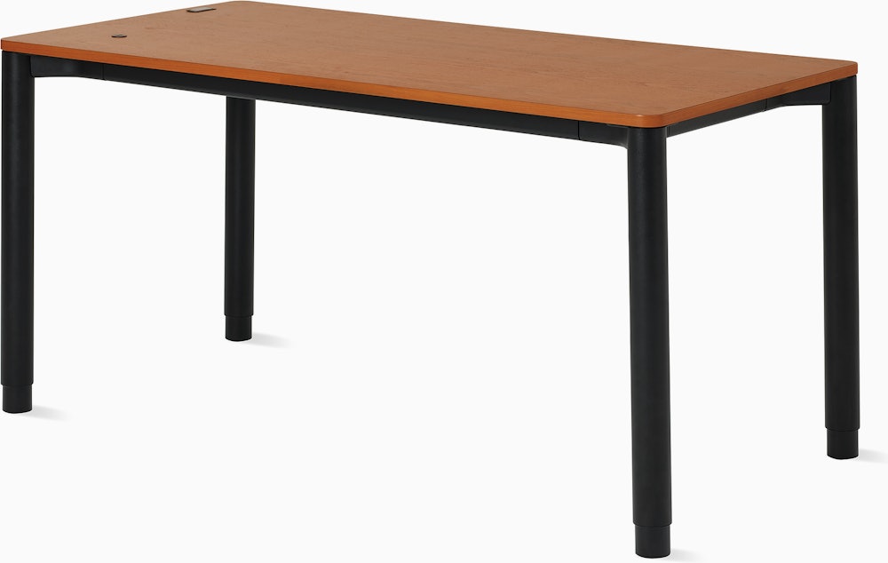 Back view of a four leg height-adjustable table with a dark woodgrain surface and black base.