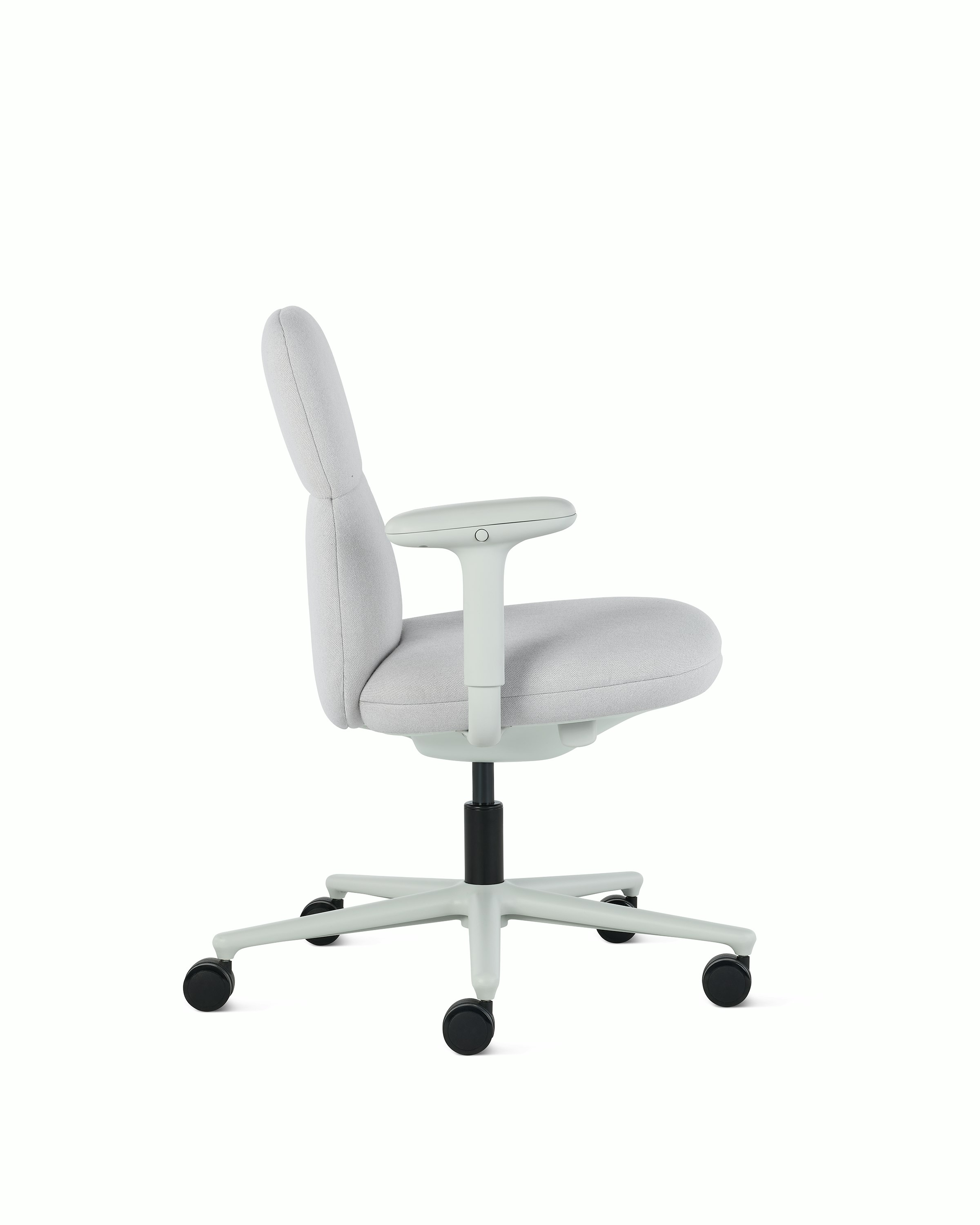 Side view of a mid-back Asari chair by Herman Miller in light grey with height adjustable arms.