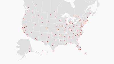 A partial map of North America, representing a network of sustainable service providers throughout North America.