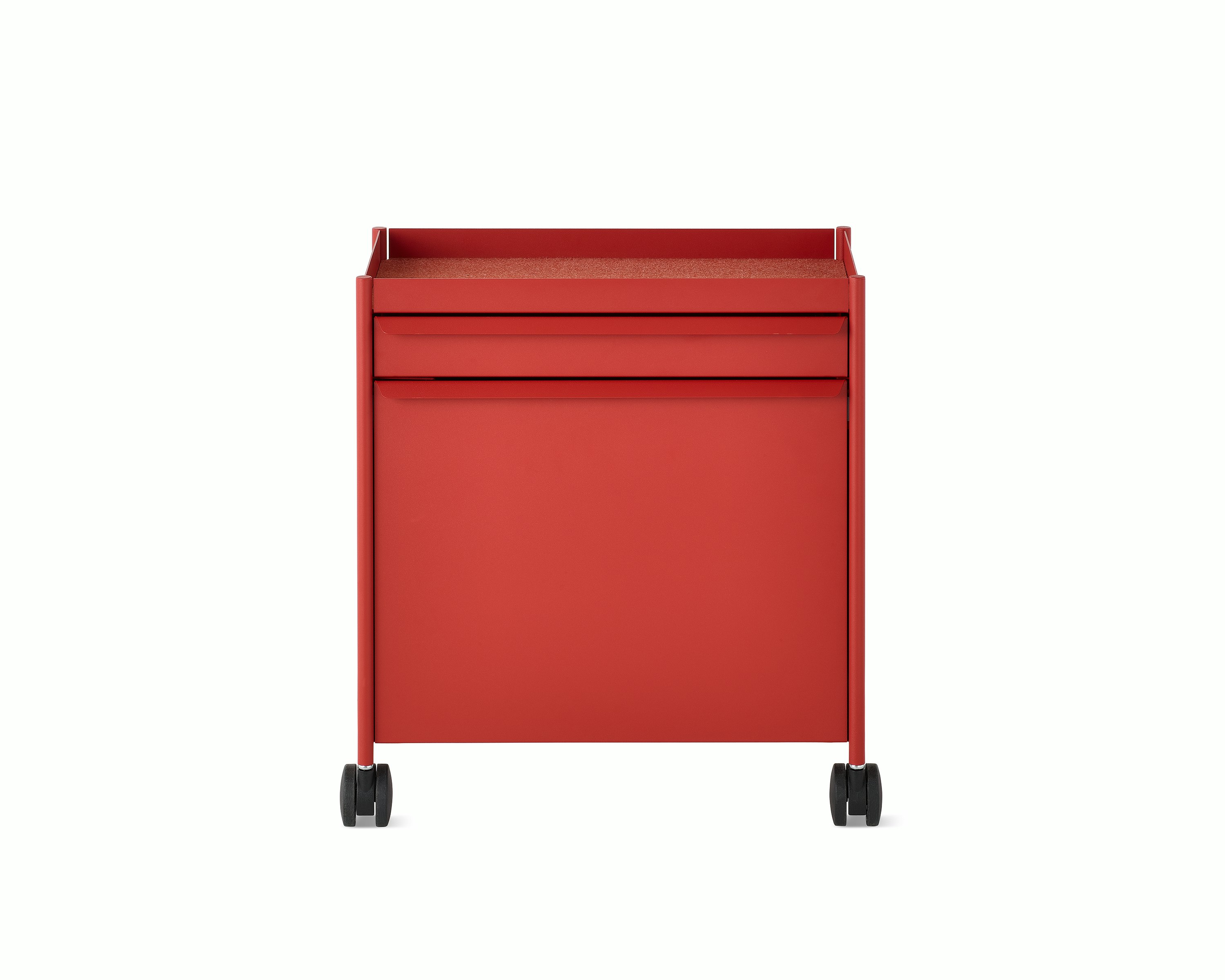 Red OE1 Storage Trolley with casters, viewed from the front.