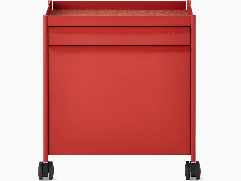 Red OE1 Storage Trolley with casters, viewed from the front.