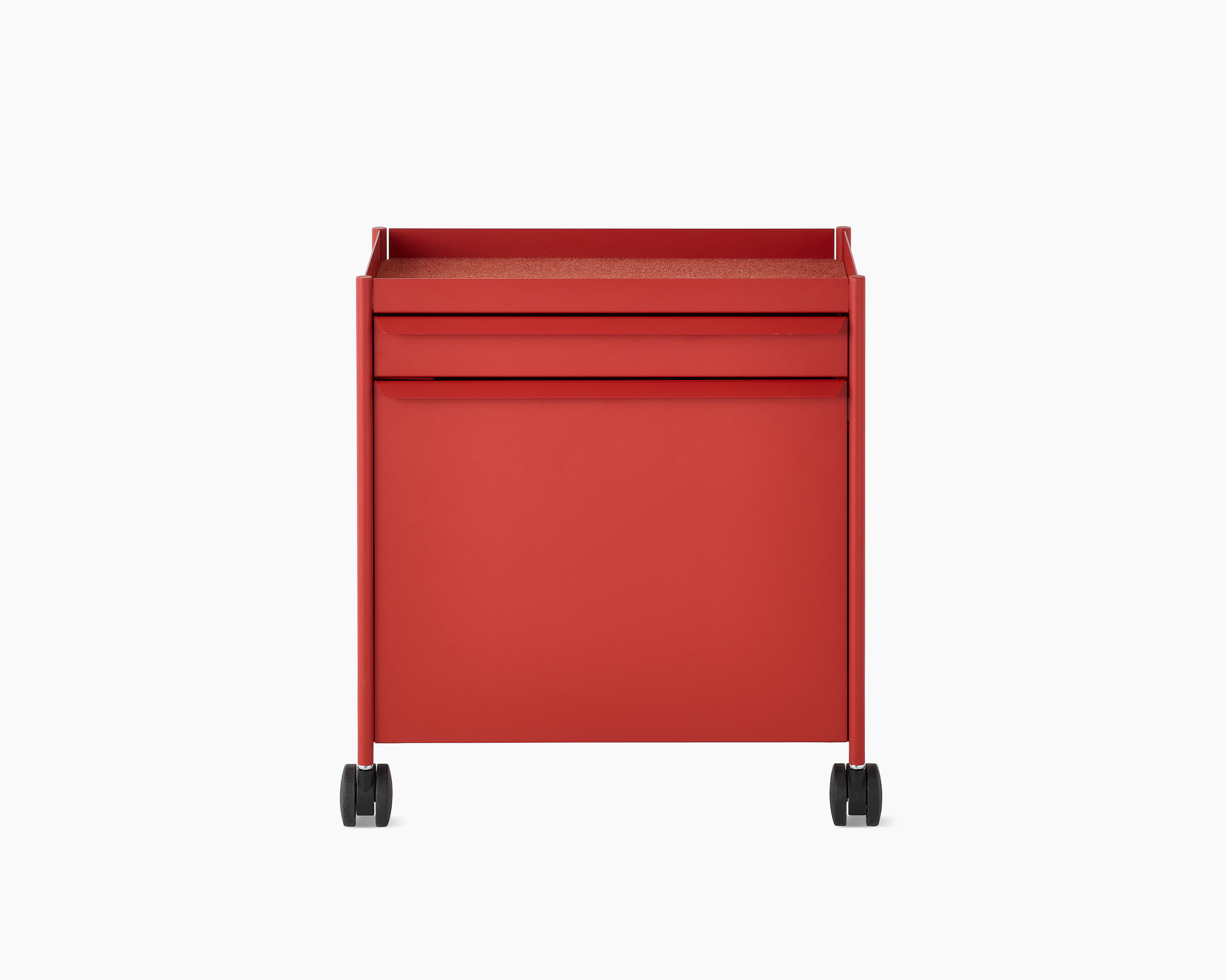 Red OE1 Storage Trolley with casters, viewed from the front.