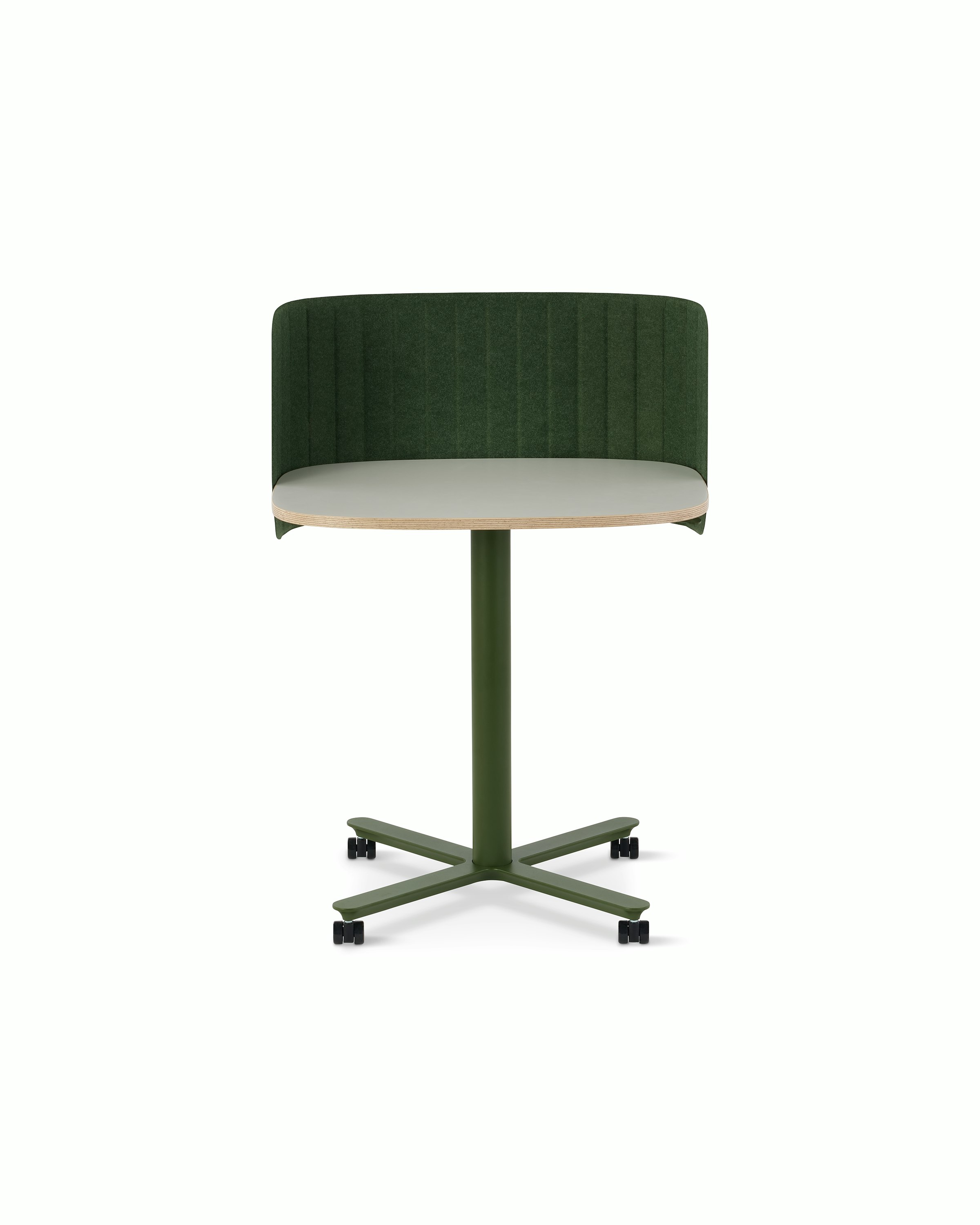 Passport Work Table with white surface, plywood edge, and olive base on casters, shown with a green screen.