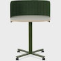 Passport Work Table with white surface, plywood edge, and olive base on casters, shown with a green screen.