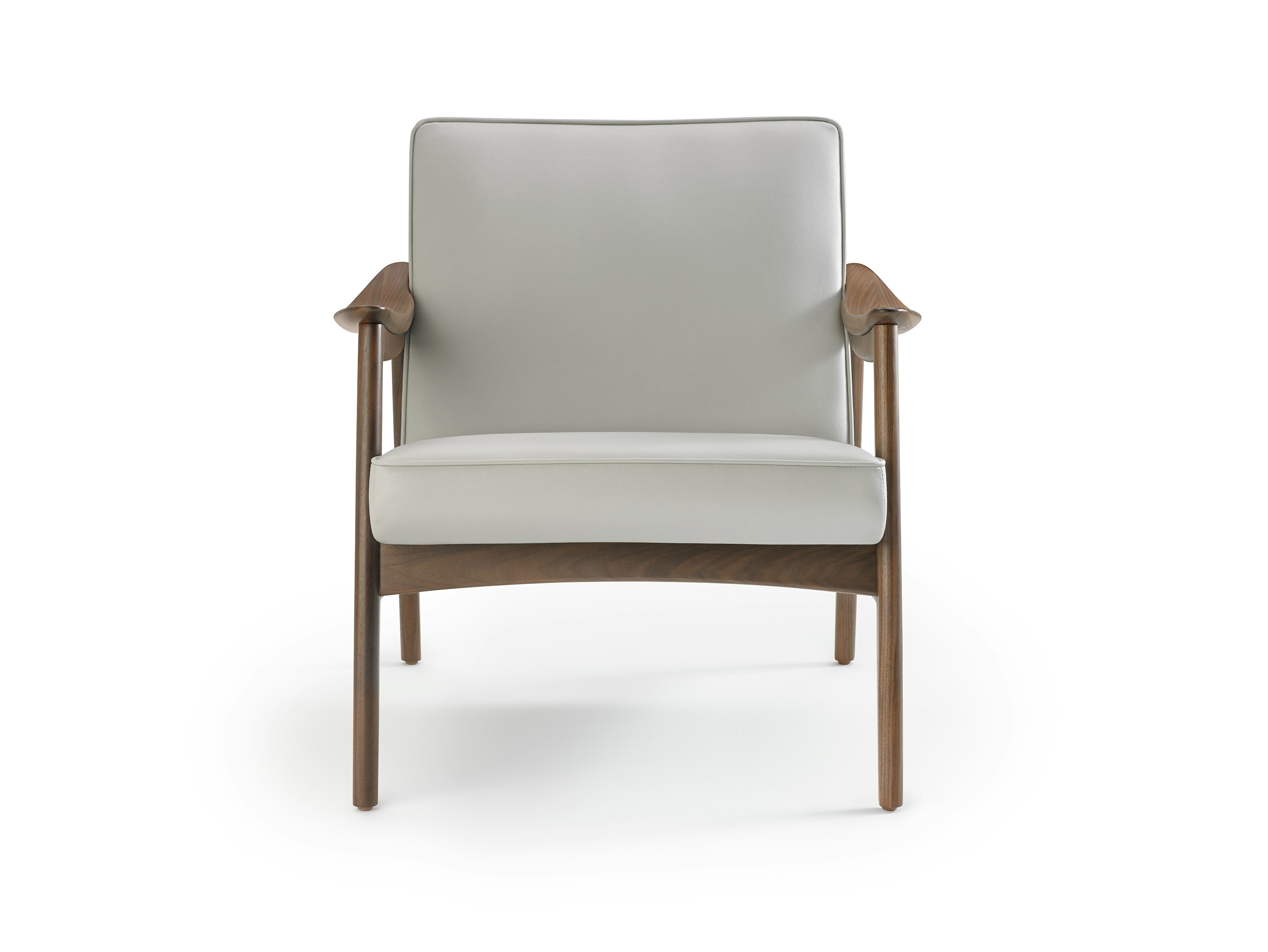 An Aspen Lounge Chair in a gray textile with walnut base and arms.
