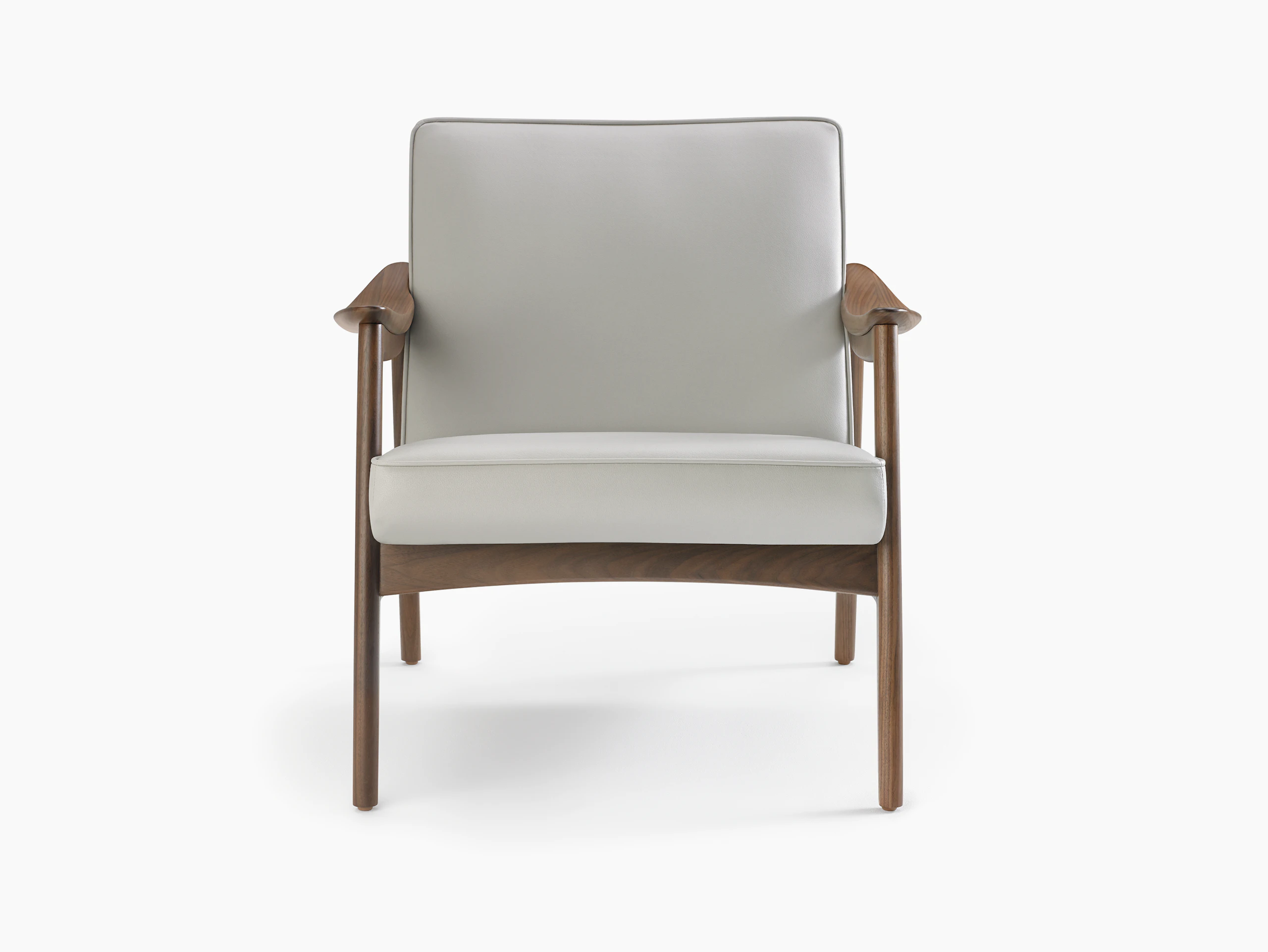 An Aspen Lounge Chair in a gray textile with walnut base and arms.