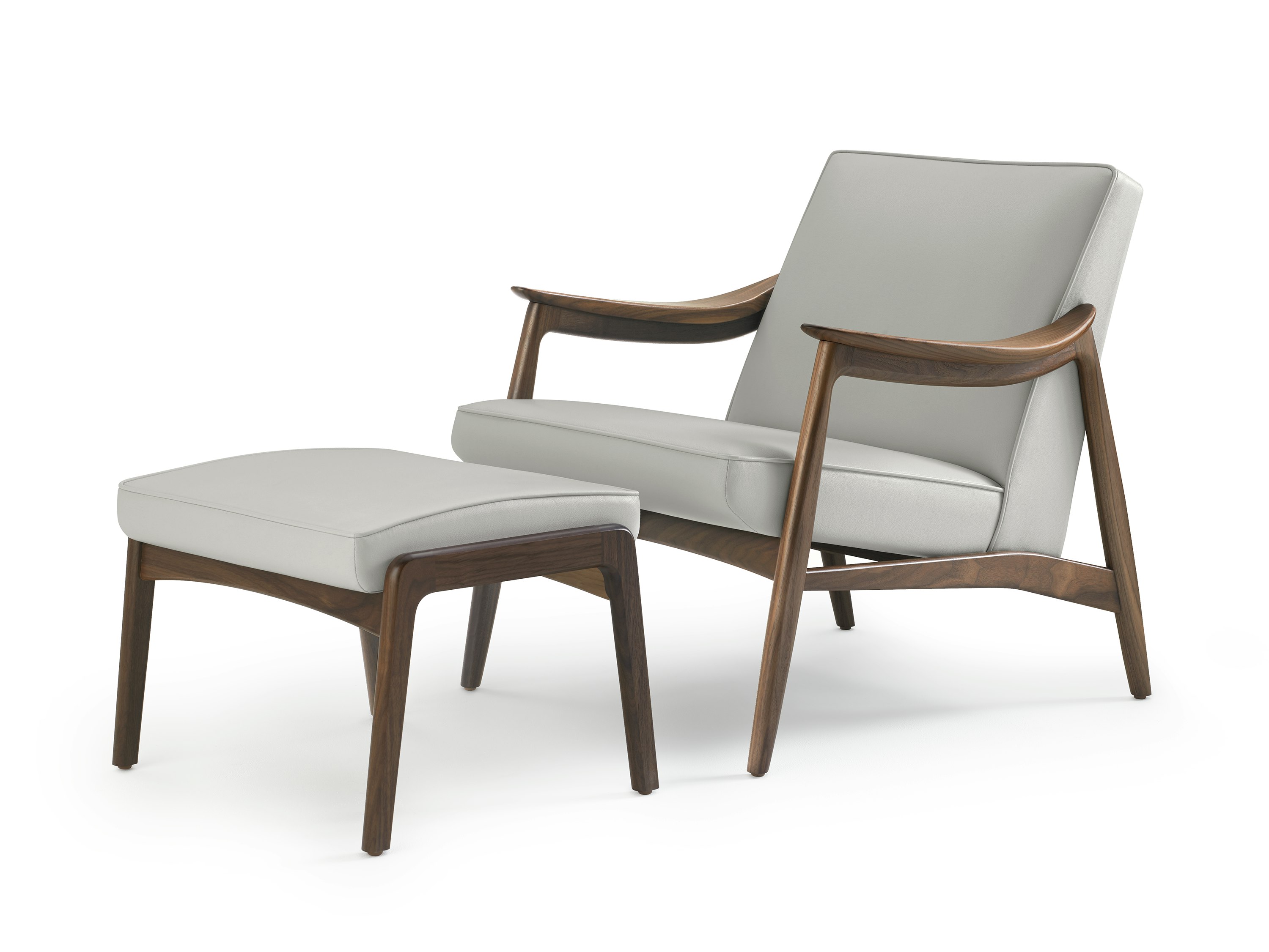 An Aspen Lounge Chair and Ottoman in a gray textile with walnut base and arms.