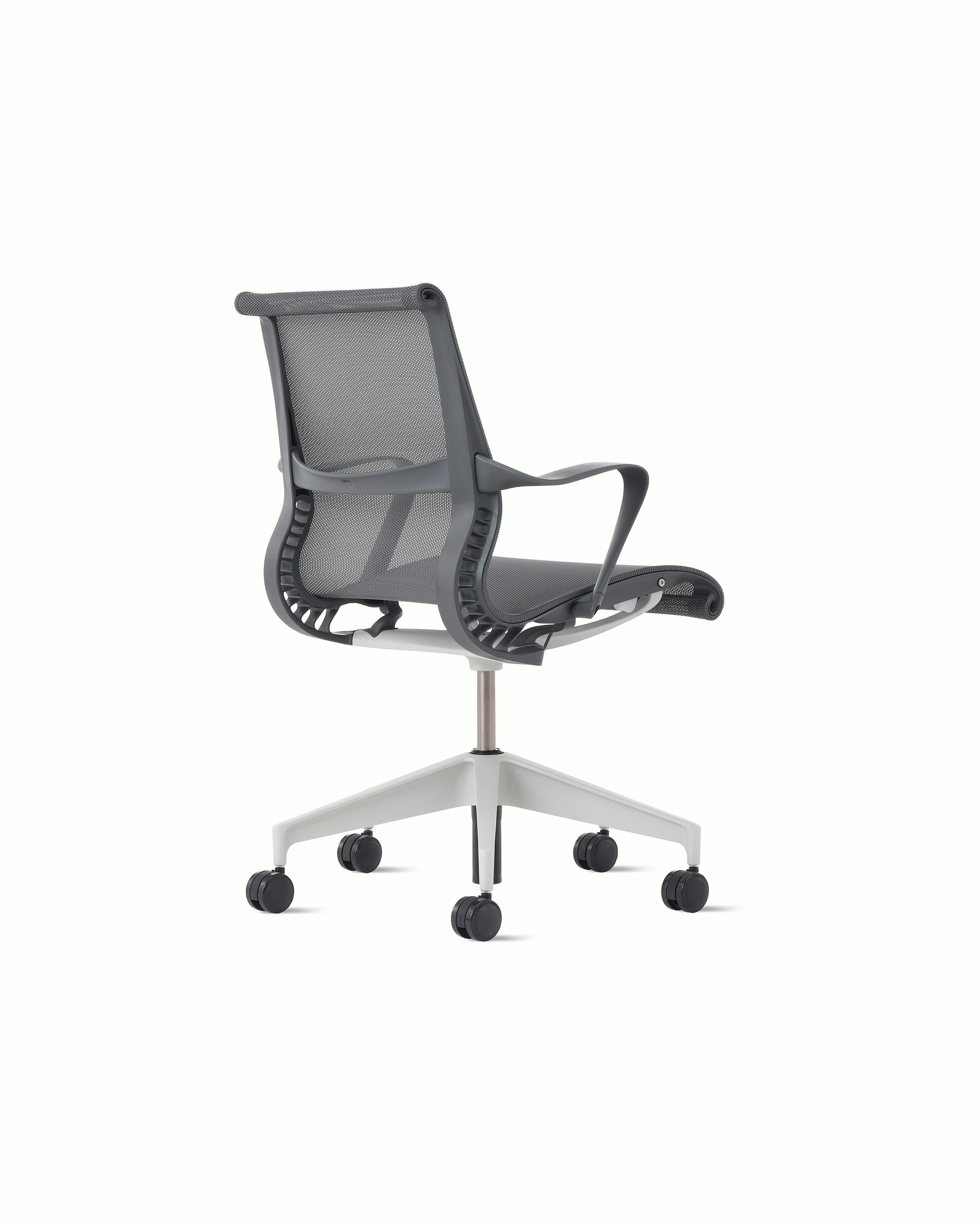 Front angle view of a Setu chair in grey with a silver alloy base.