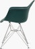 Side of evergreen plastic shell chair with wire base legs.