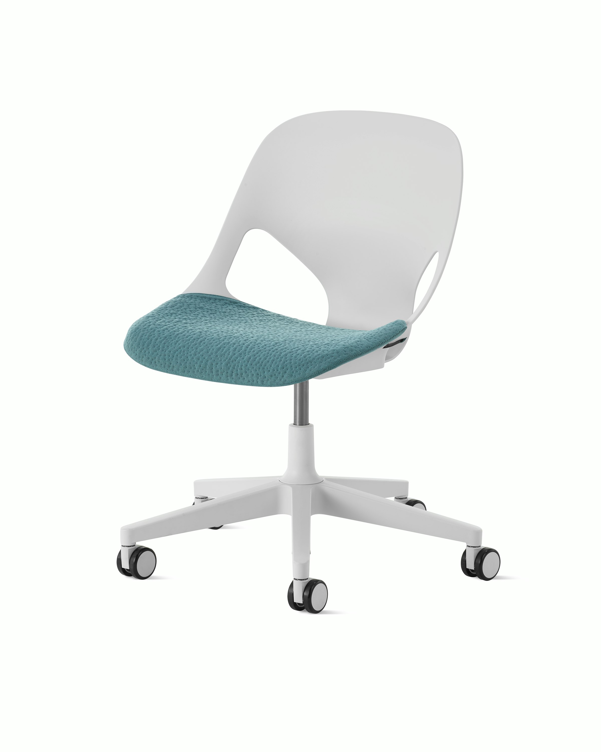 White task chair with soft blue seat pad