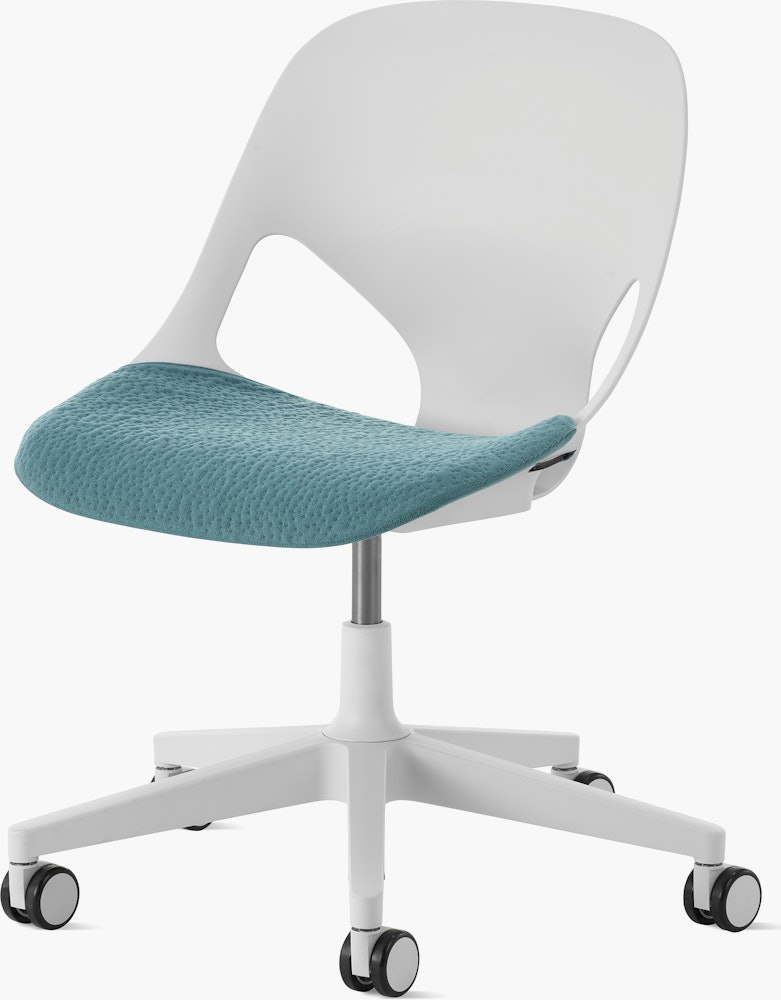 White task chair with soft blue seat pad