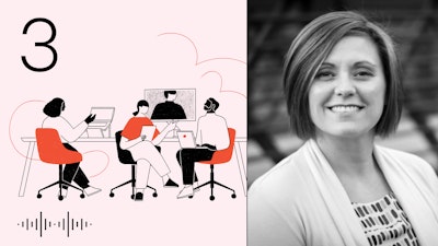 Looking Forward podcast cover art with episode number 3 in the top left corner is stacked alongside a portrait of the guest for this episode, dynamic work specialist Samantha Fisher.