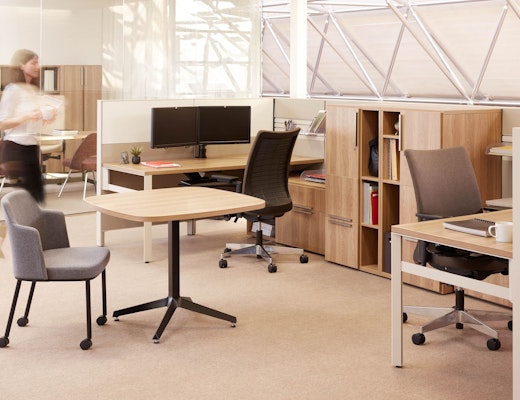 Dividends Horizon Shared Work Station with Anchor Storage laminate fronts wood grain laminate personal storage filing cubby bin p-leg slatwall marker board panel credenza storage tower slat wall x-base table