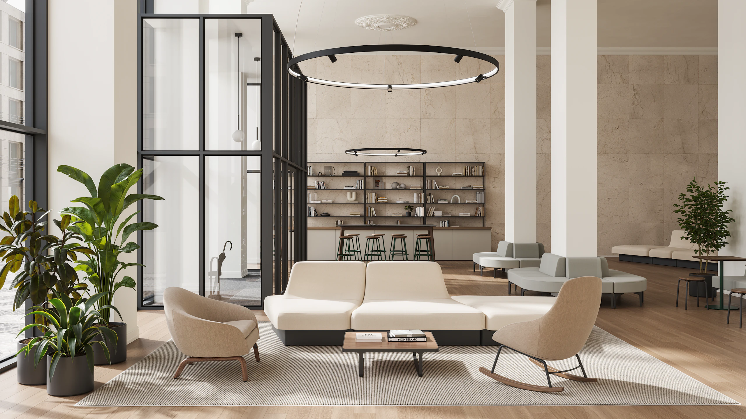 Hotel lobby with Rhyme and Ever Chairs in the foreground. Penny Stools along bar in background.
