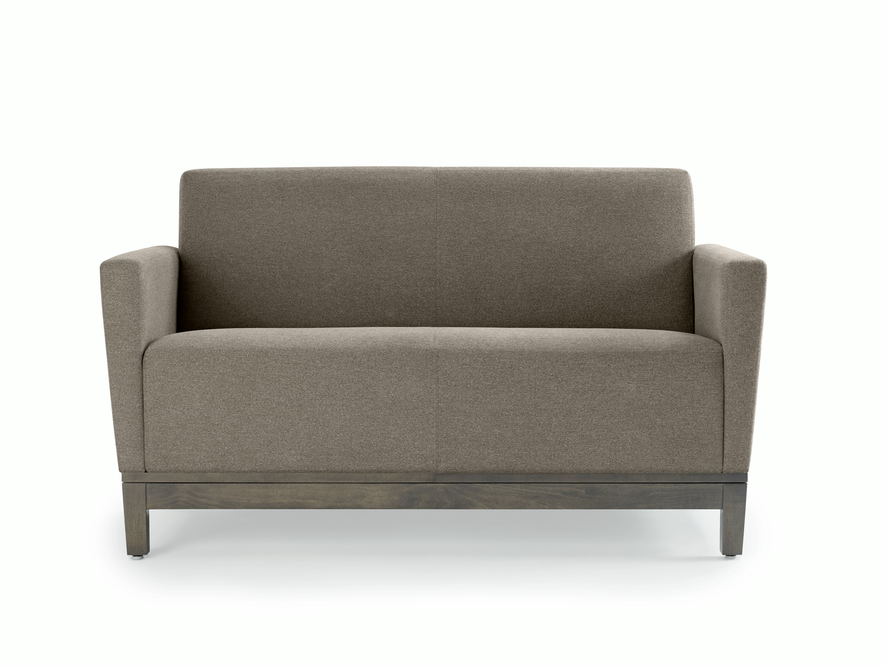 Front view of a gray Brava Platform Lounge System two-seat sofa with upholstered arms on a wood base.