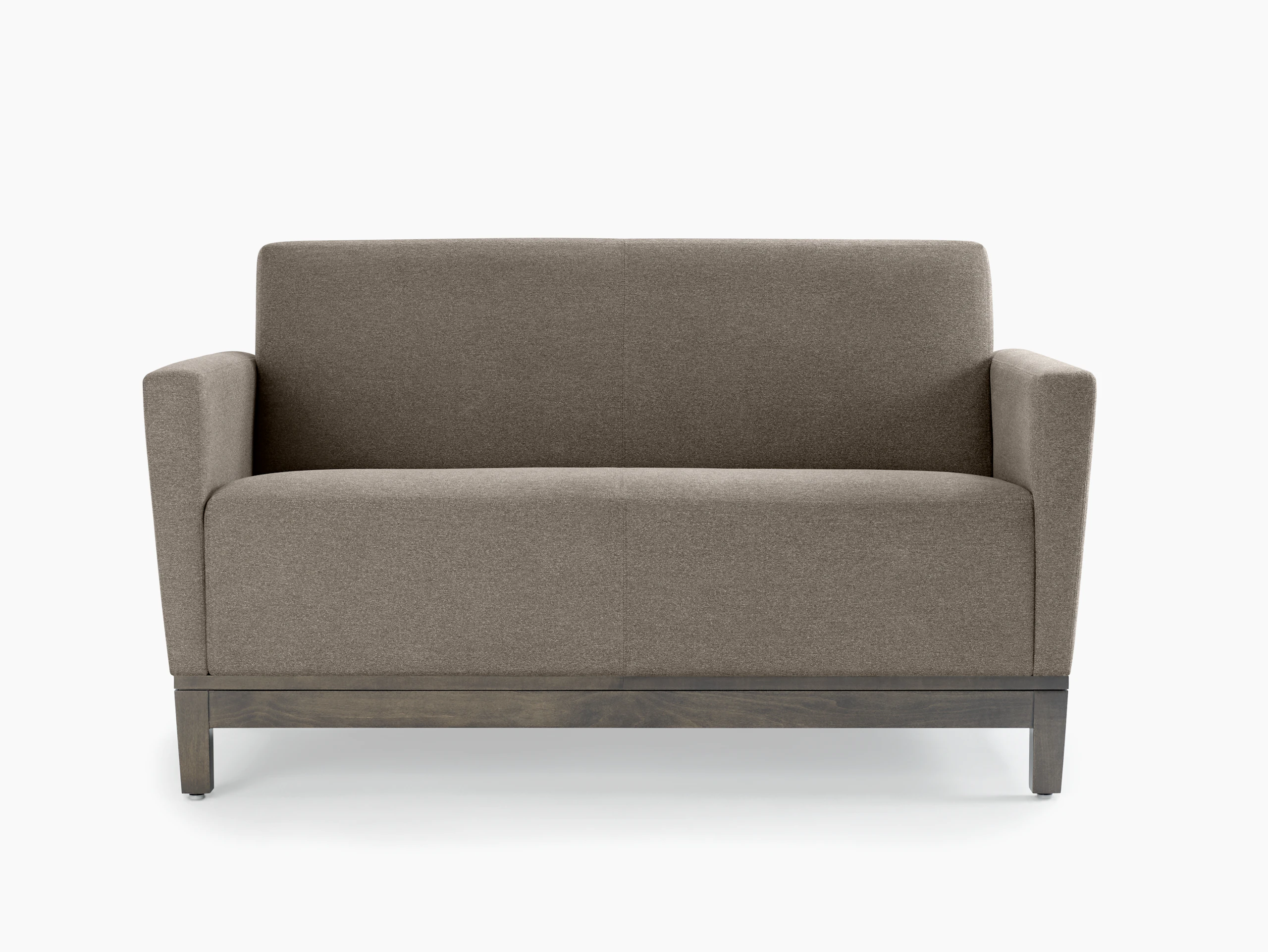 Front view of a gray Brava Platform Lounge System two-seat sofa with upholstered arms on a wood base.