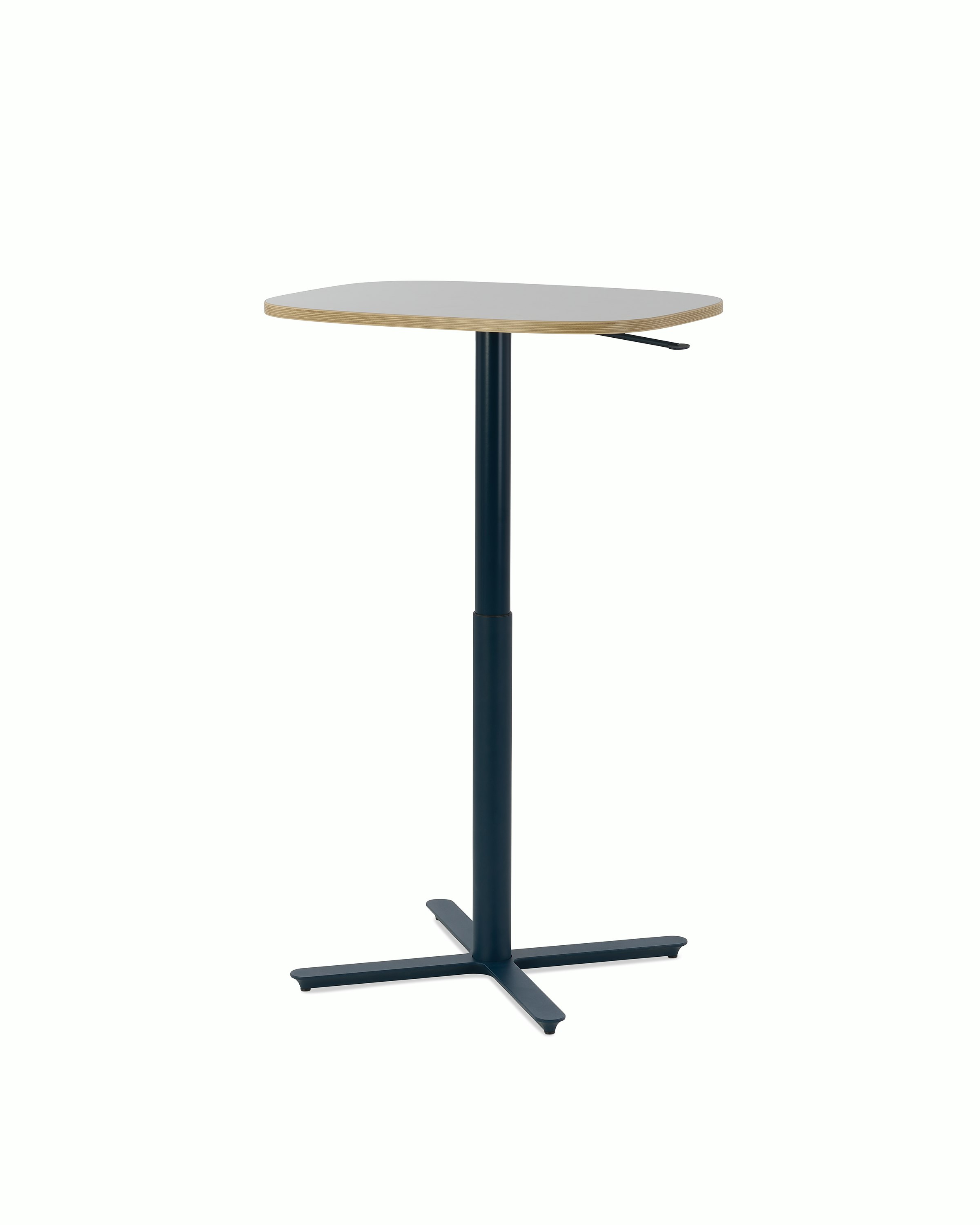 Large Passport Work Table with white surface, plywood edge and blue base on glides.