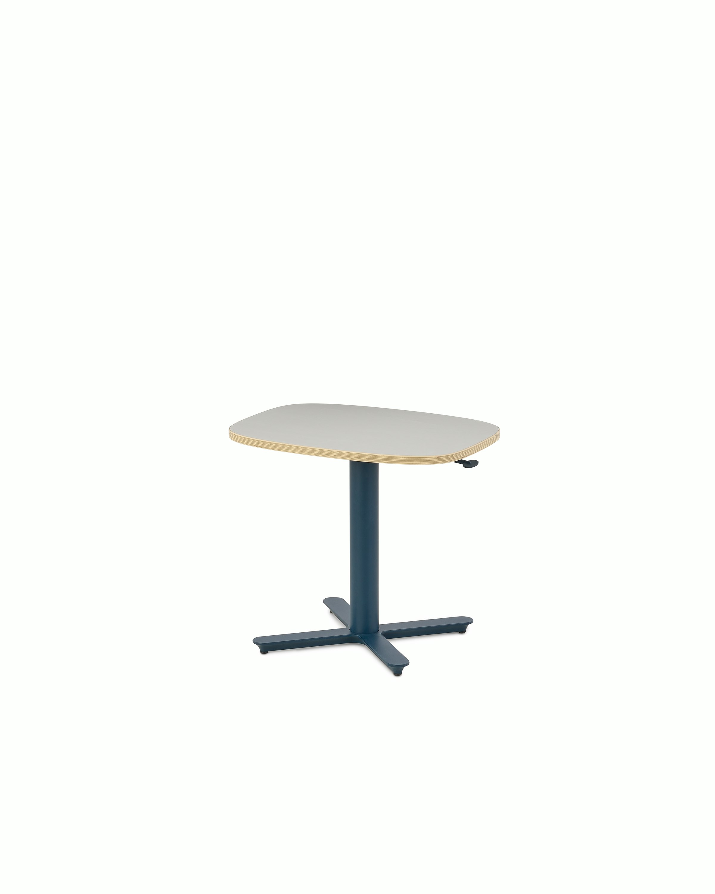 Small Passport Work Table with white surface, plywood edge and dark blue base shown on glides.
