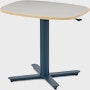Small Passport Work Table with white surface, plywood edge and dark blue base shown on glides.