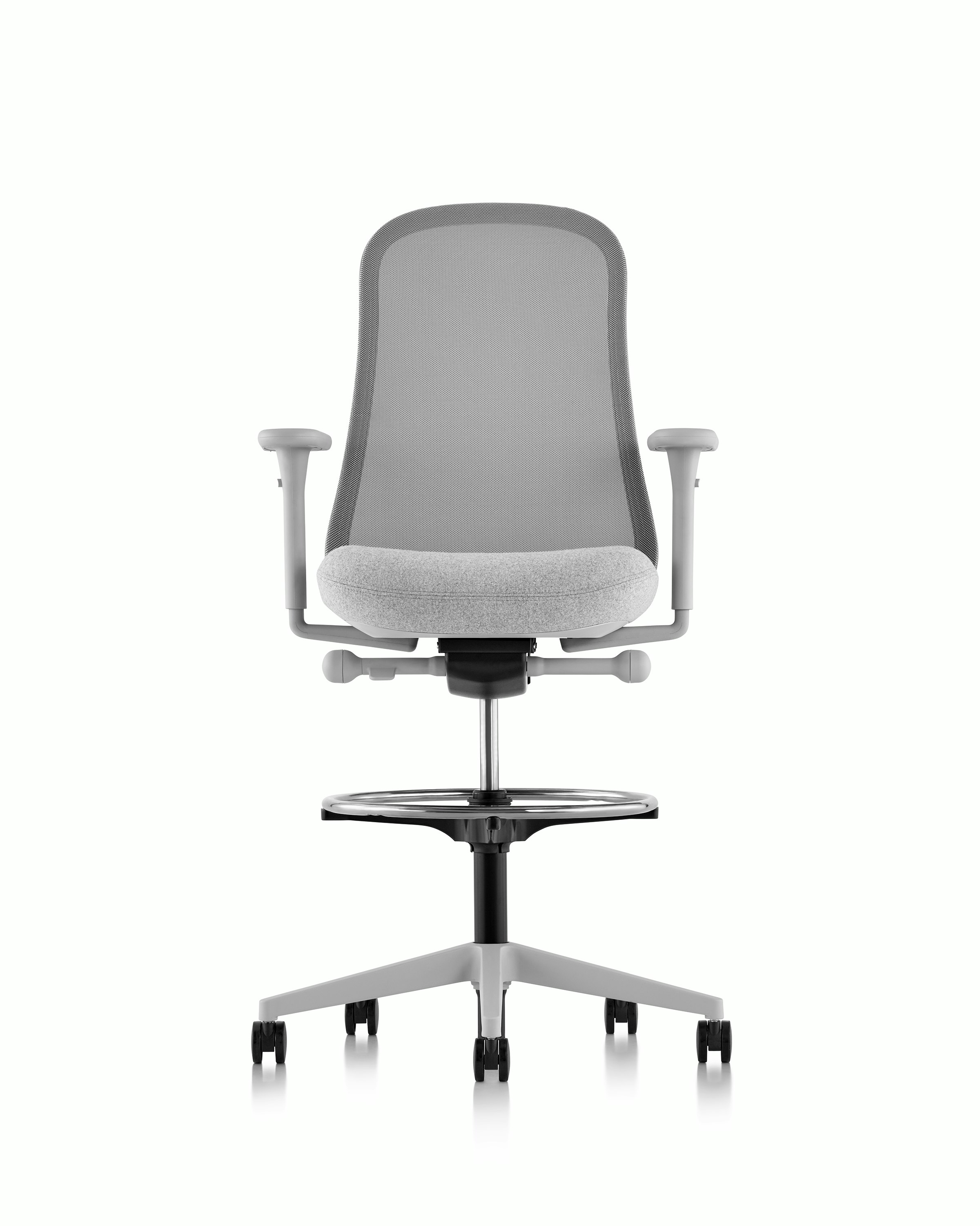 Light grey Lino Stool with a suspension back and upholstered seat, viewed from the front.