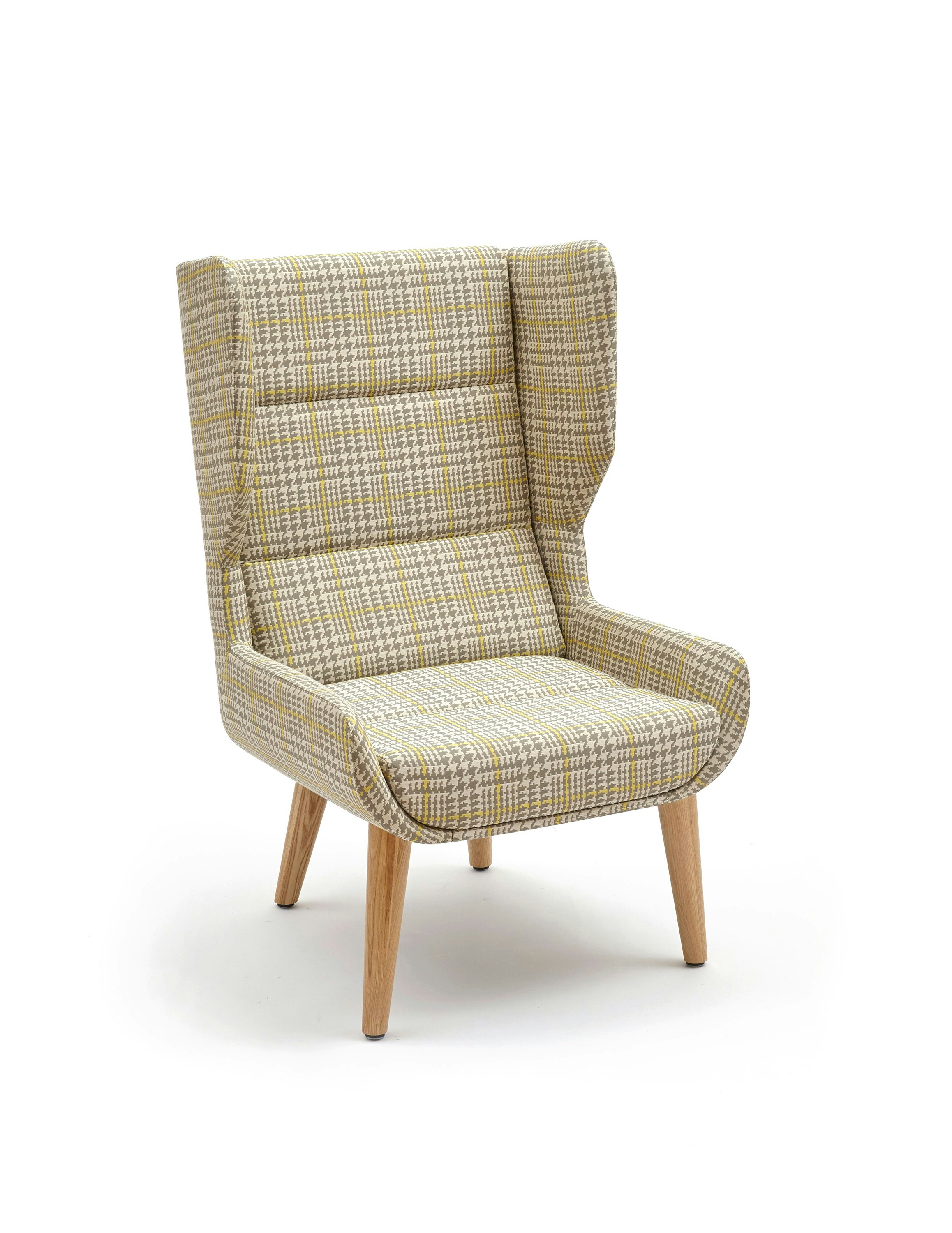 An off-white Hush Chair with a gray and yellow pattern and wooden base, viewed at an angle.