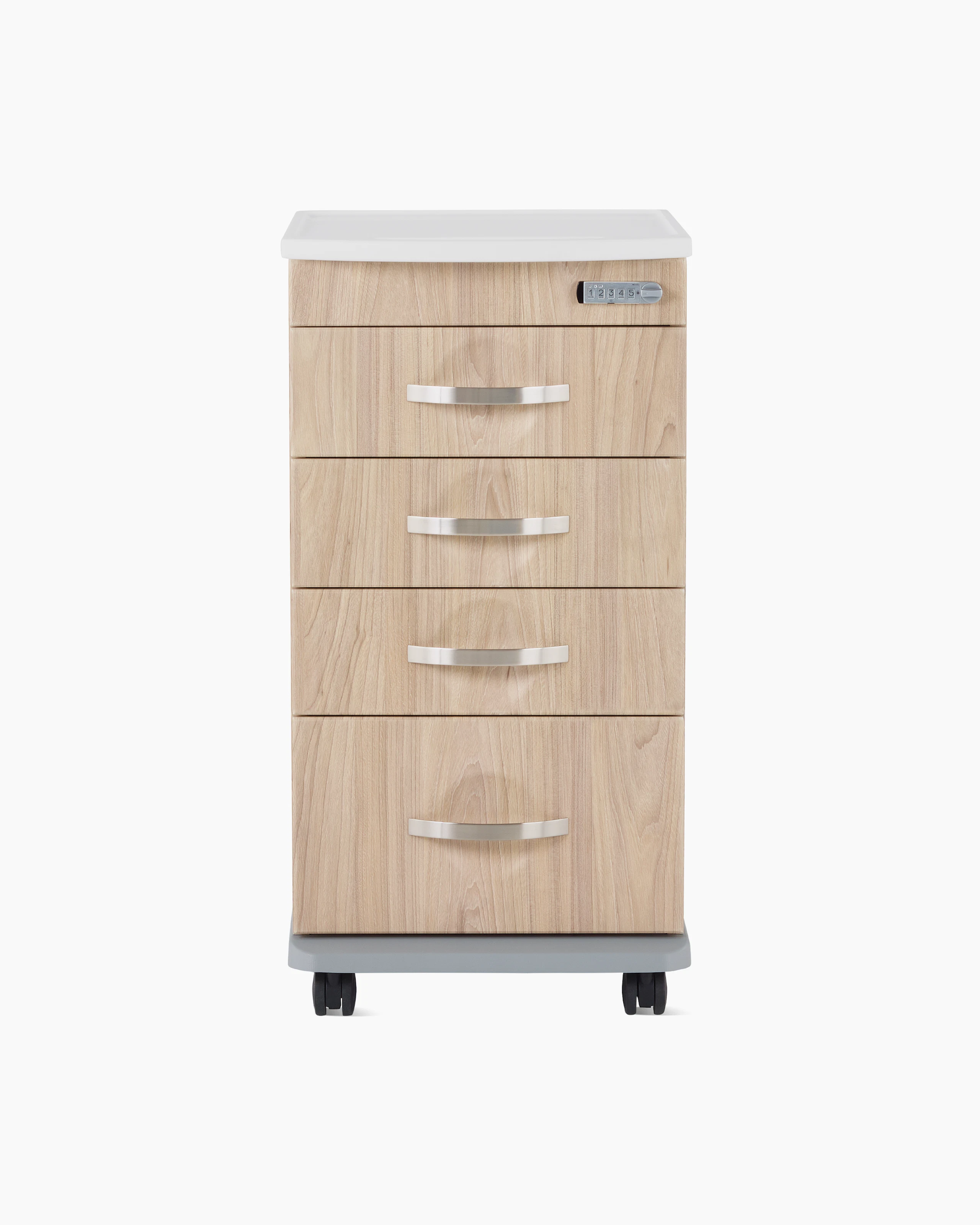 Front view of a Compass casework 4-drawer supply cart in a warm elm finish.