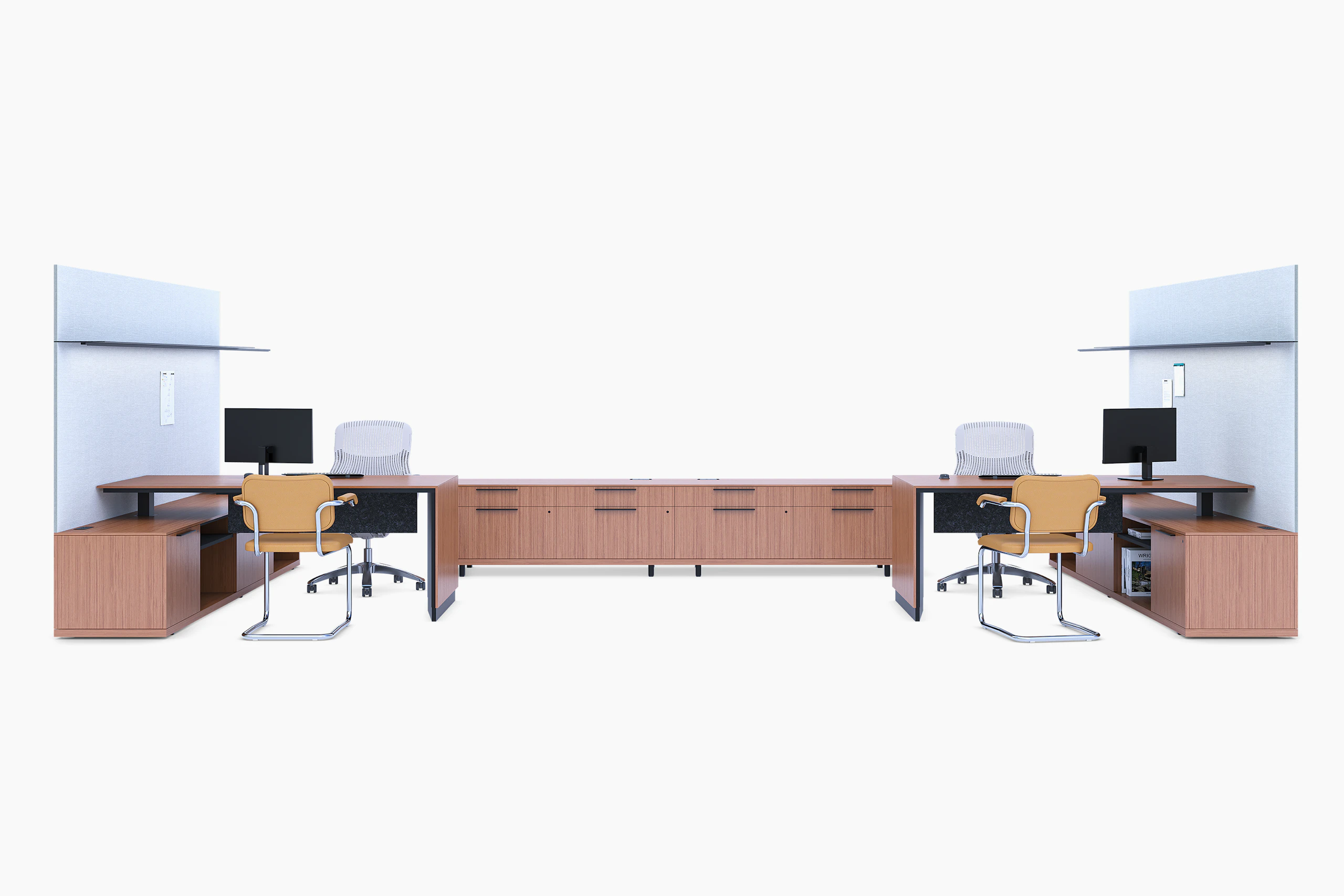 A shared private office featuring light brown woodgrain veneer, white backpainted glass workwalls, height-adjustable tables and task chairs.
