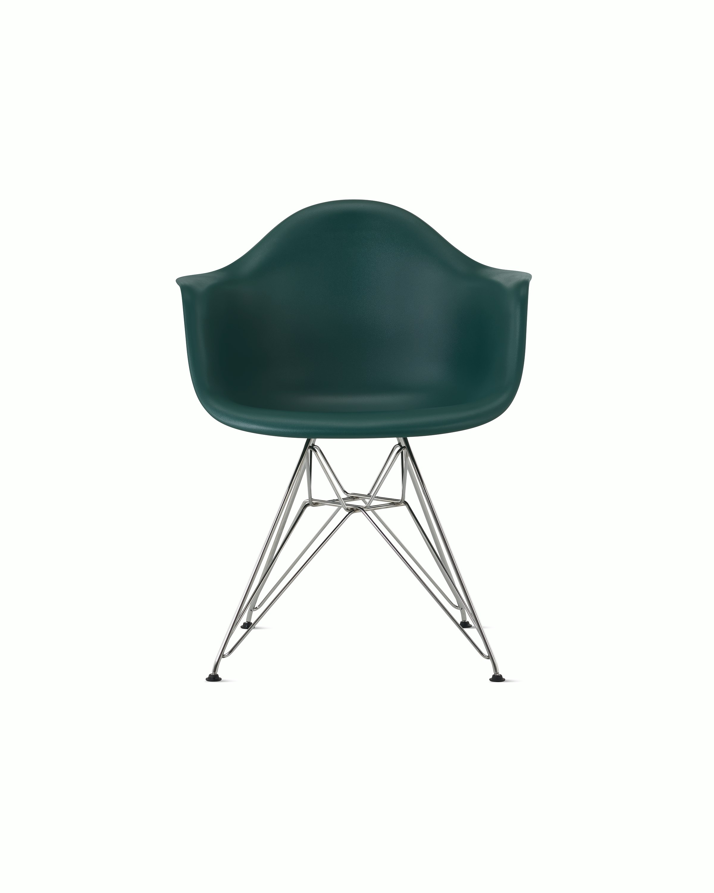 Front of evergreen plastic shell chair with wire base legs.
