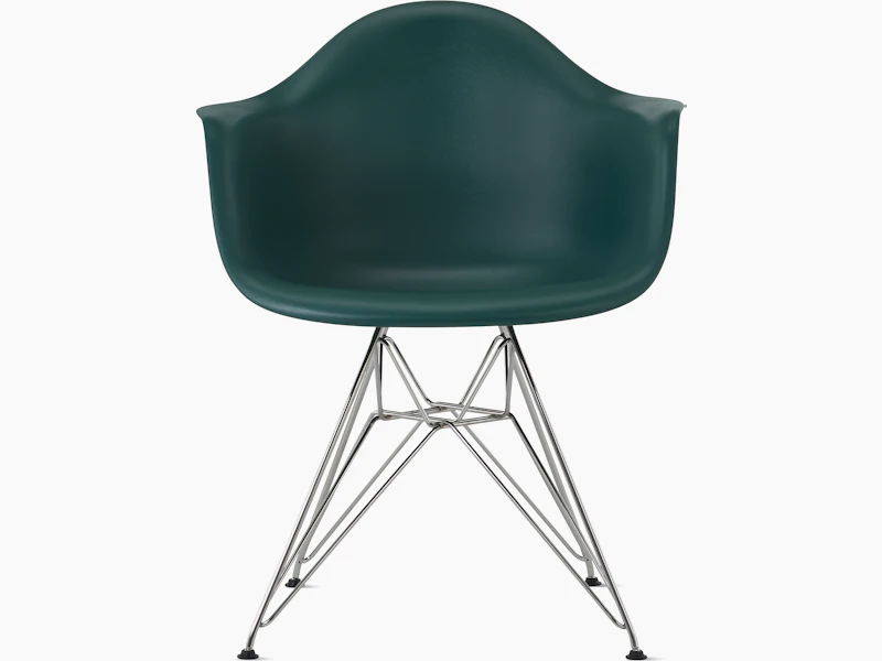 Front of evergreen plastic shell chair with wire base legs.