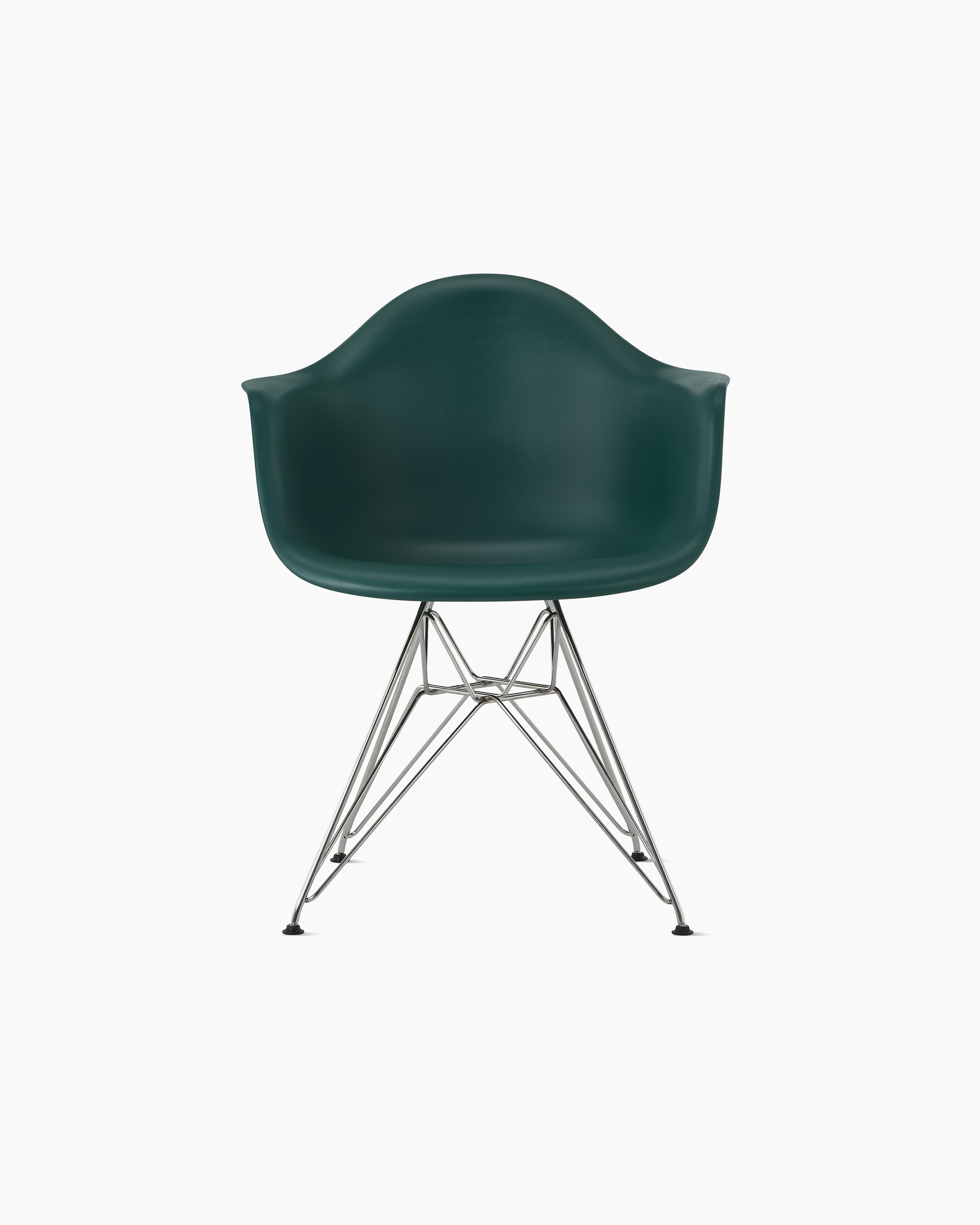 Front of evergreen plastic shell chair with wire base legs.