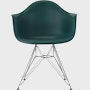 Front of evergreen plastic shell chair with wire base legs.