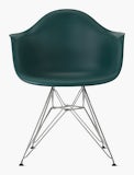 Front of evergreen plastic shell chair with wire base legs.