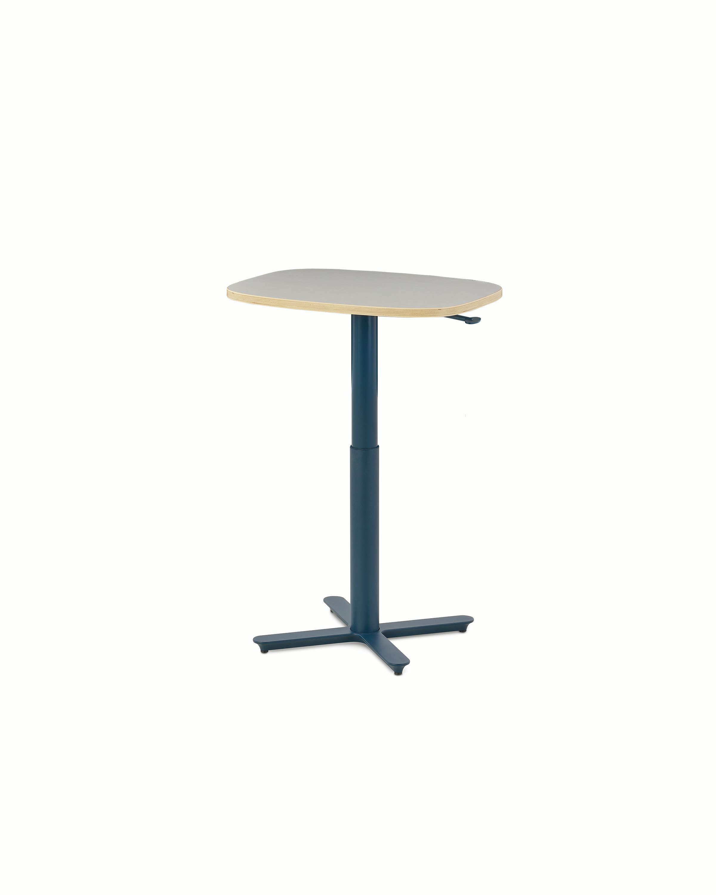 Small Passport Work Table with white surface, plywood edge and dark blue base shown on glides.