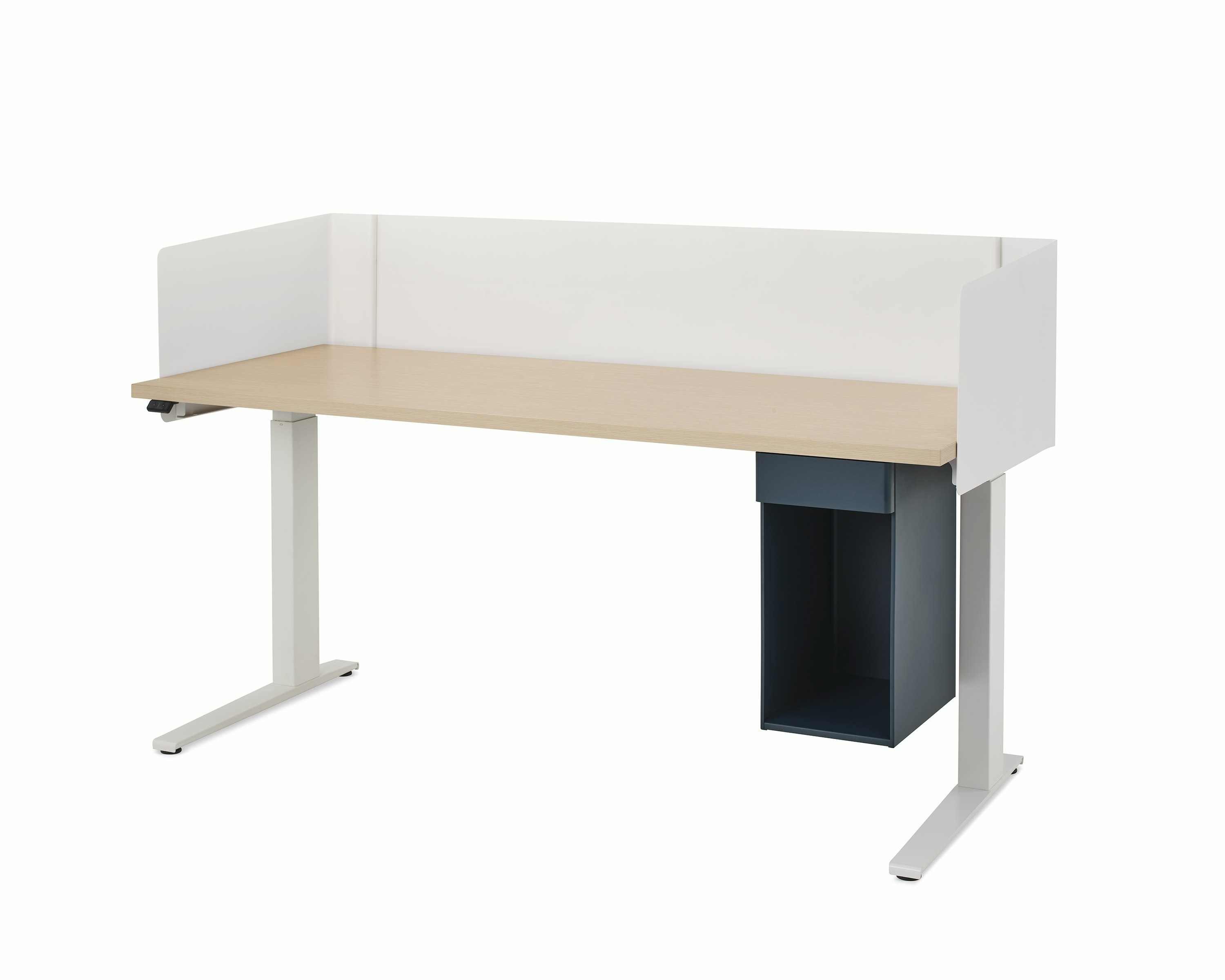 Large, navy metal suspended storage attached to bottom of laminate worksurface of height adjustable table with three sided metal screen.