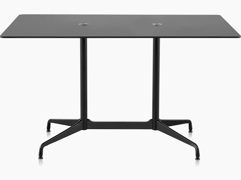 A rectangle Eames Standing Height Table in black with two round cutouts on top and a segmented black base.