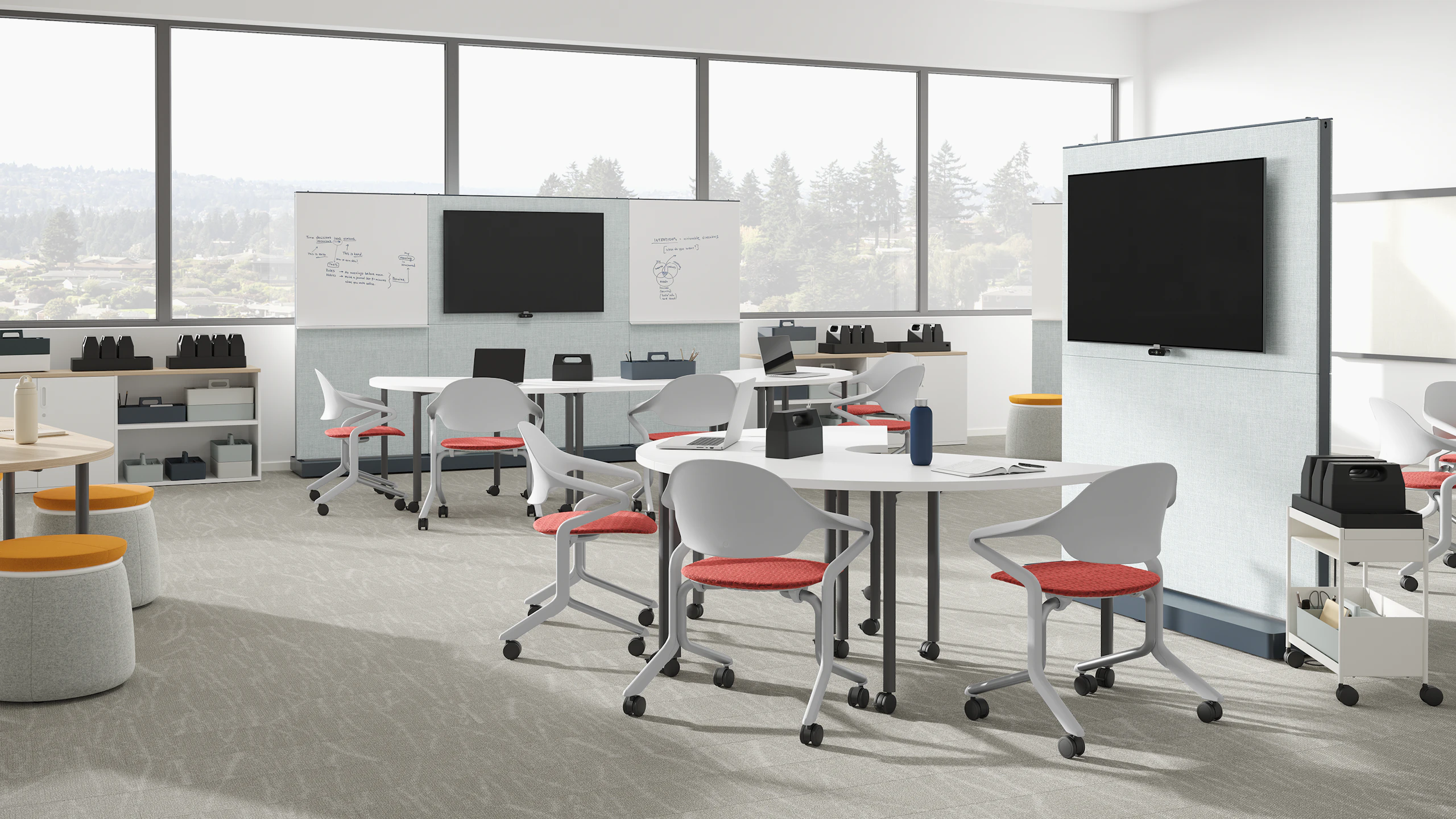 Education setting with mobile seating, project tables, batteries, walls and storage trolleys.