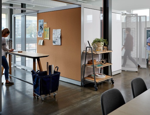 Rockwell Unscripted Portal Room rockwell unscripted creative wall cork markerboard analog communication team meeting perforated steel fixed fin pivot fins portal room tall table drink rail mobile soft storage bin canvas bin hospitality cart mobile storage