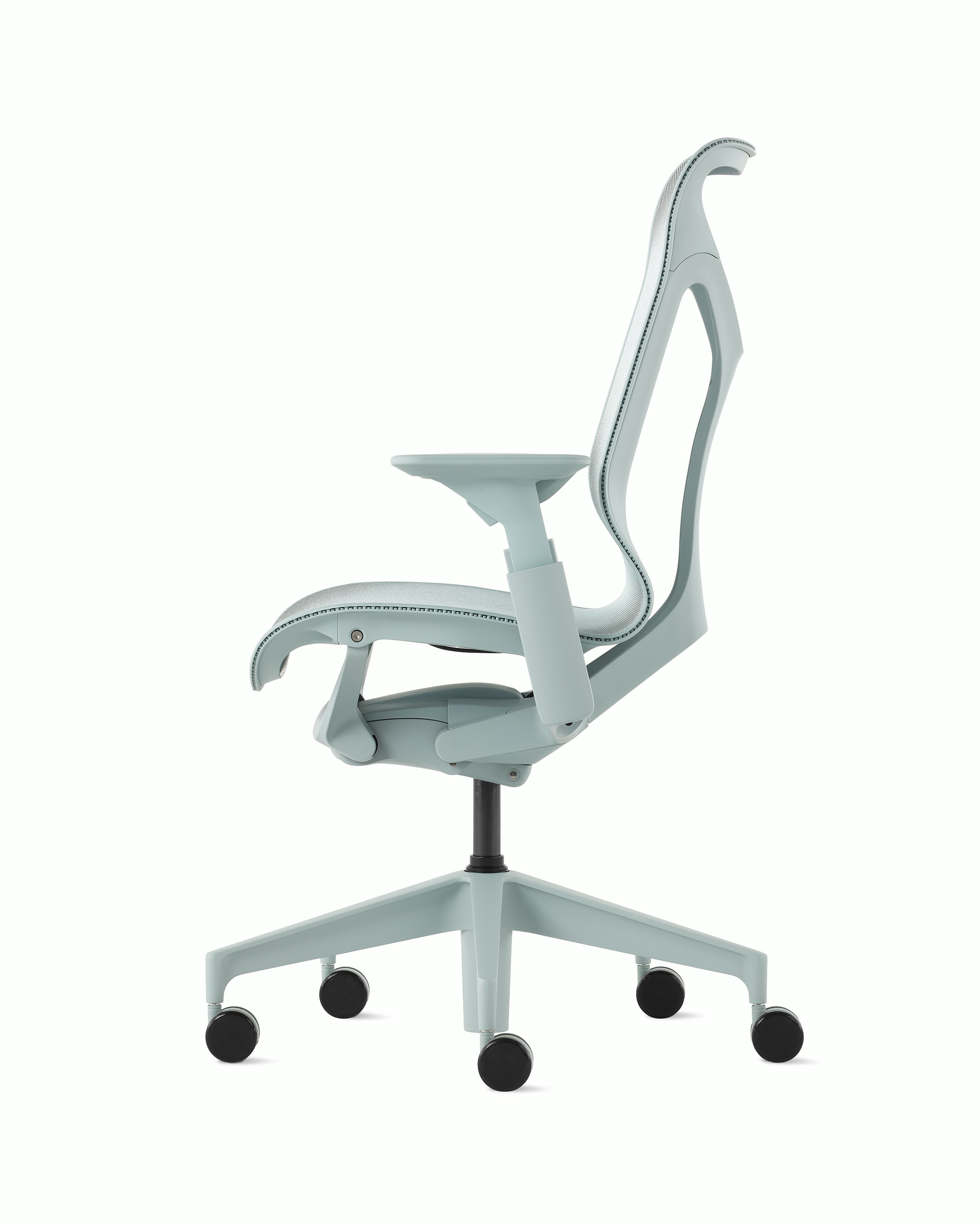 A glacier mid-back Cosm Chair with height adjustable arms.