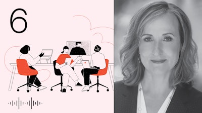 Looking Forward podcast cover art with episode number 6 in the top left corner is stacked alongside a portrait of the guest for this episode, workplace consultant Cali Williams Yost.