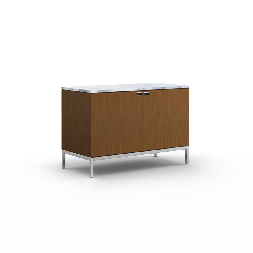 Florence Knoll Credenza - Two Position, Polished Chrome, Medium Brown, Satin Arabescato