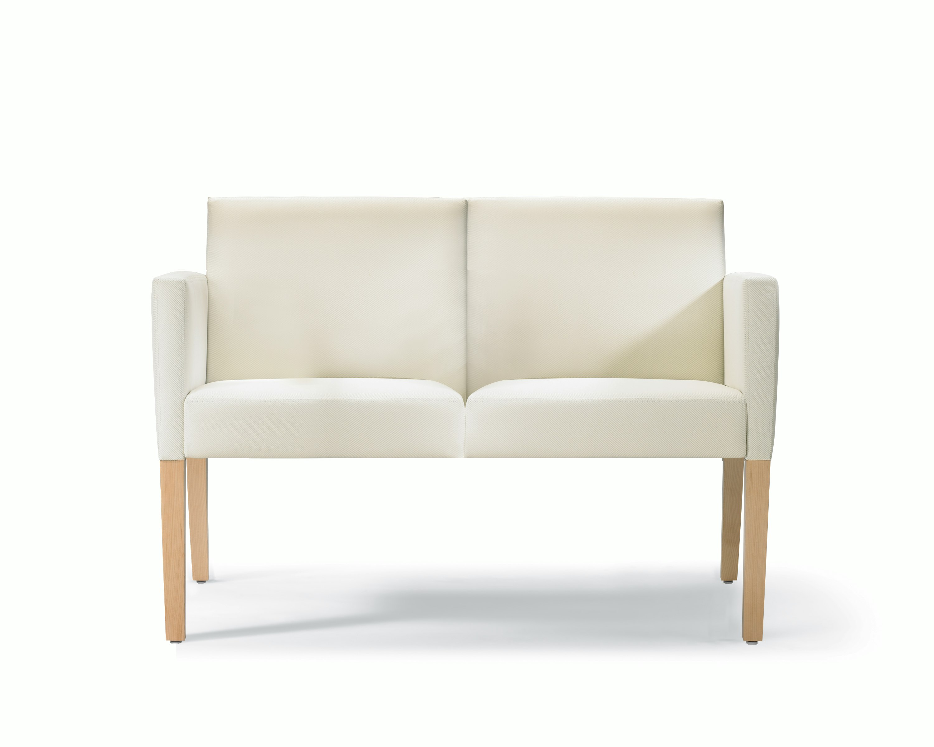 A front view of a Brava 862 Settee in white textile with fully upholstered arms and maple legs.