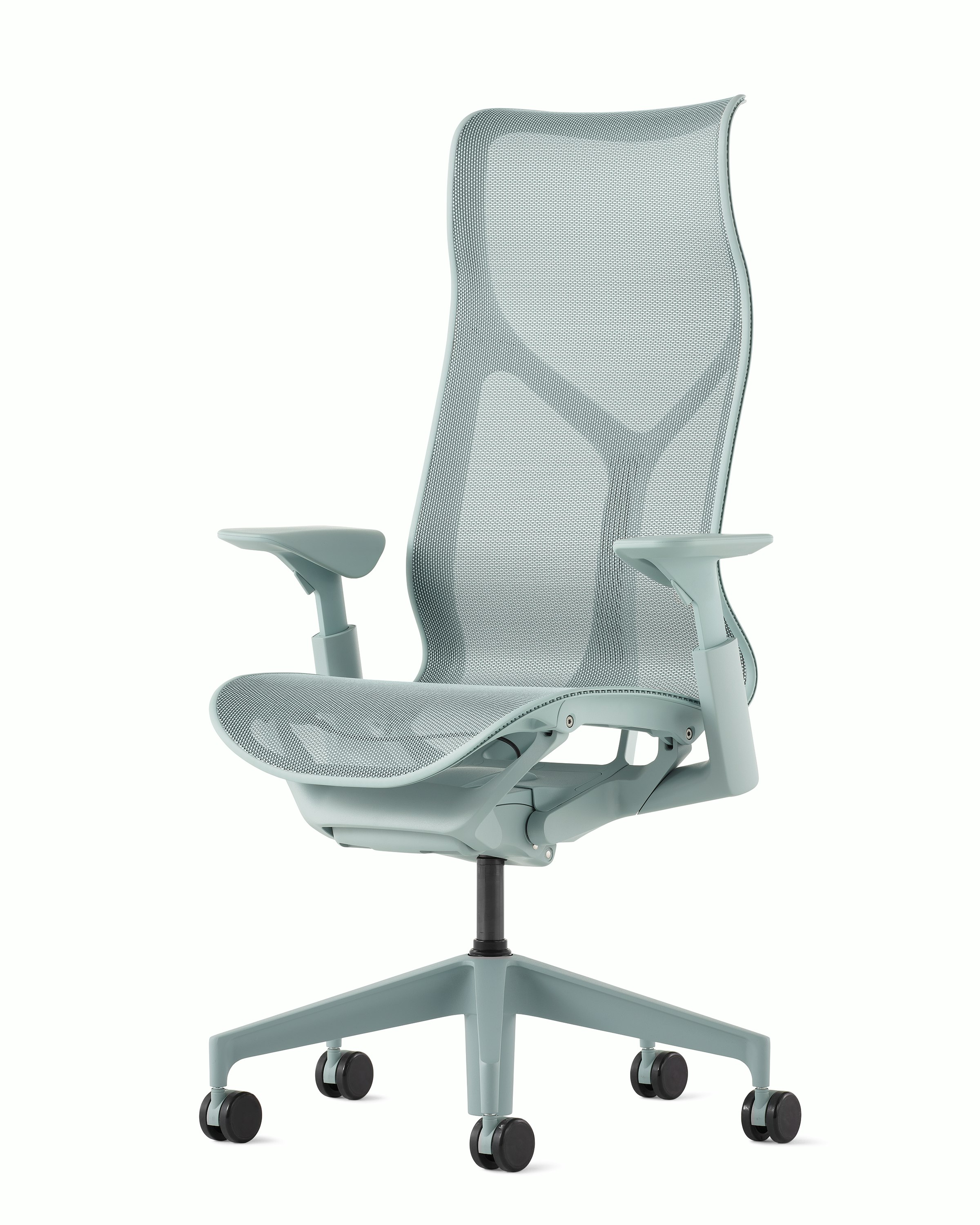 A glacier high-back Cosm Chair with height adjustable arms.