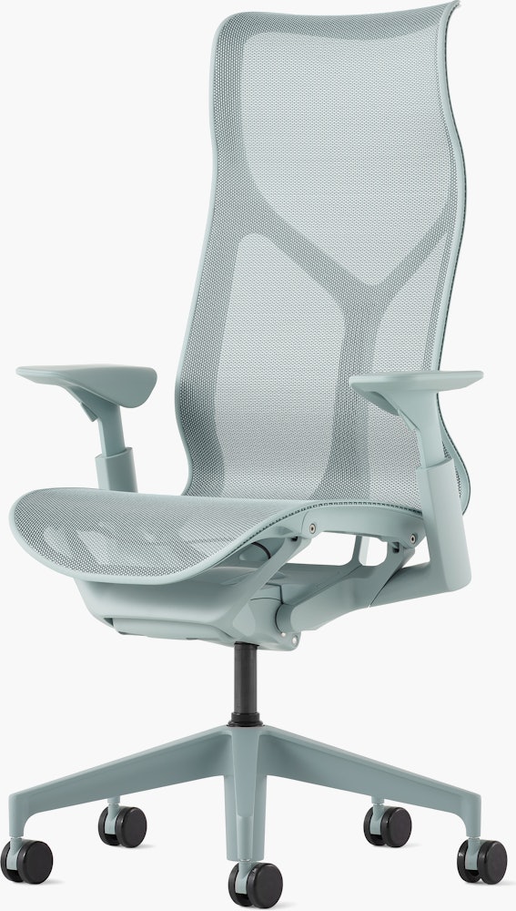 A glacier high-back Cosm Chair with height adjustable arms.
