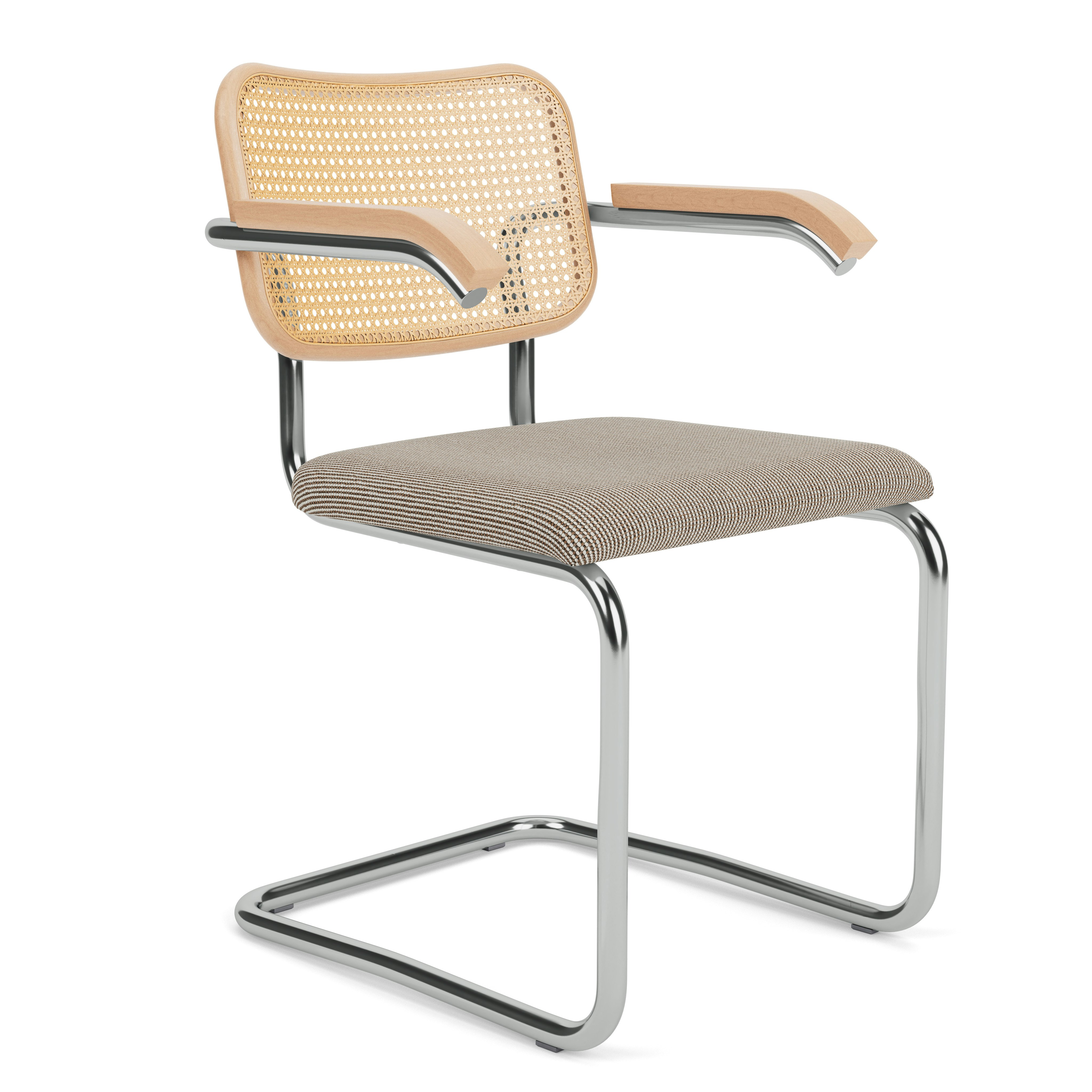 Cesca Armchair, Caned \ Natural Beech Back, Upholstered Seat, Cato, Sand