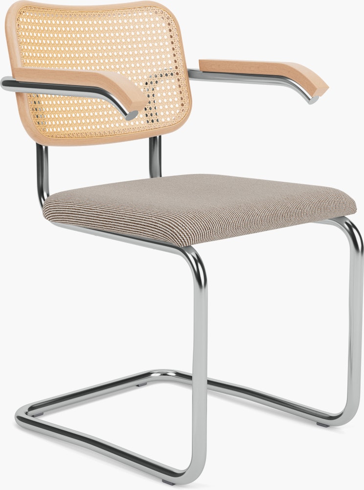 Cesca Armchair, Caned \ Natural Beech Back, Upholstered Seat, Cato, Sand