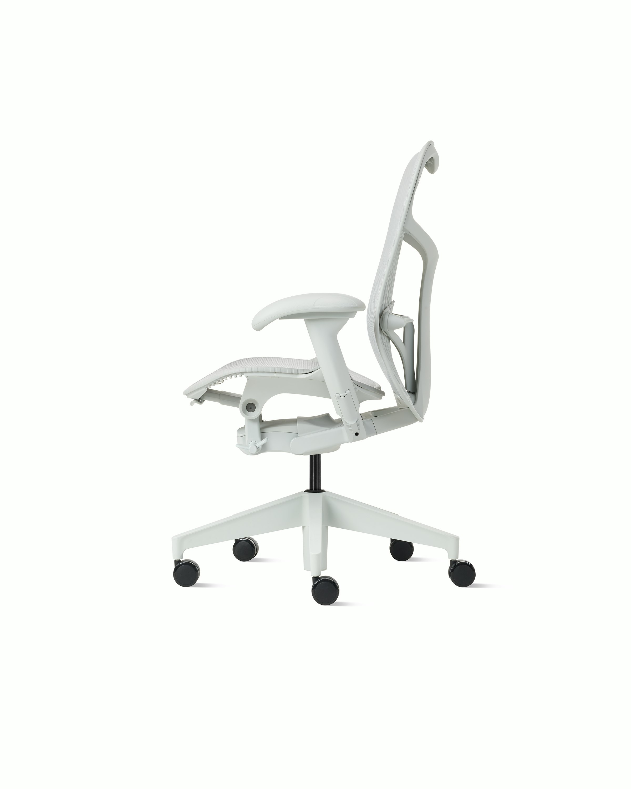 Side view of a Mirra 2 chair with a Butterfly back in alpine and a silver alloy base.