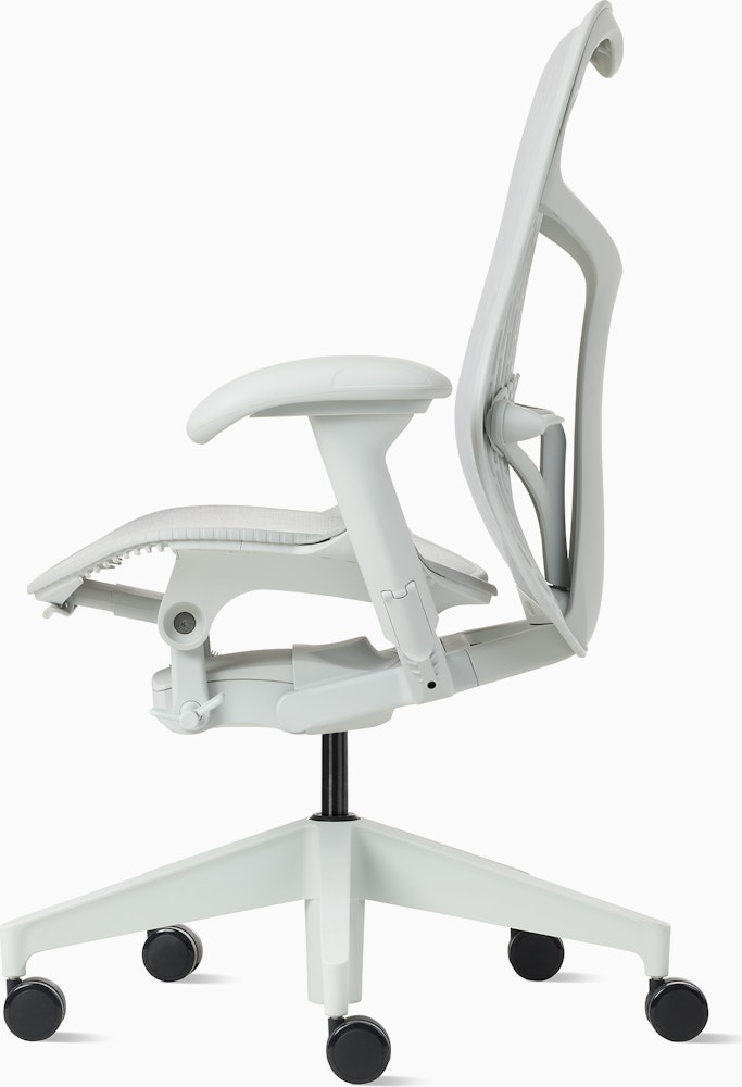 Side view of a Mirra 2 chair with a Butterfly back in alpine and a silver alloy base.