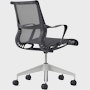 Rear angle view of a Setu chair in dark grey with a silver alloy base.